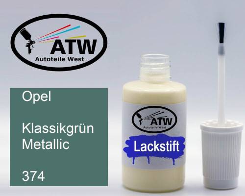 Opel, Klassikgrün Metallic, 374: 20ml Lackstift, von ATW Autoteile West.